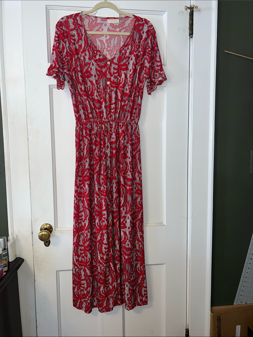 Seven Islands Red Printed Women’s Maxi Dress - Elastic Waist, V-Neck